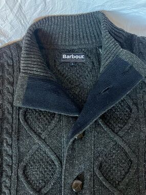 Barbour Men's Chunky Cable Knit Cardigan Sweater L Charcoal Gray Leather Trim